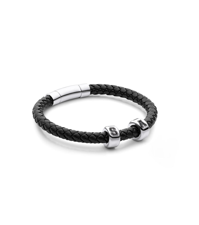 Mens Black Leather Bracelet (Silver)