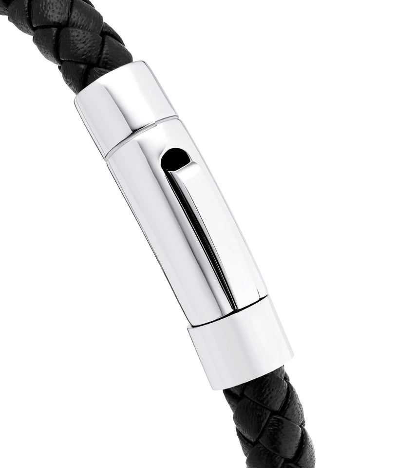 Mens Black Leather Bracelet (Silver)