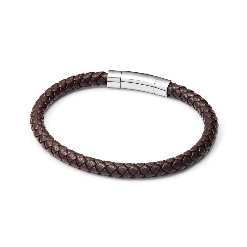 Men's Brown Bonded Leather Bracelet (Silver).