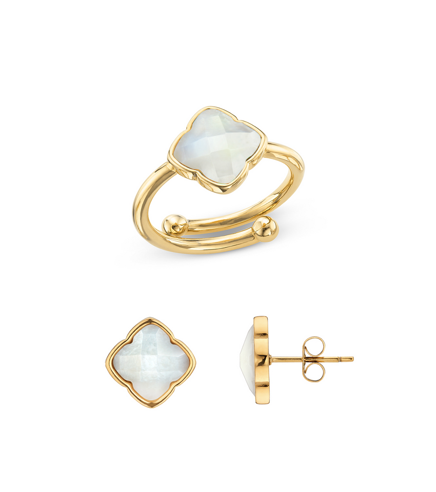 Faceted Birthstone Clover Ring & Earrings Bundle (Gold)