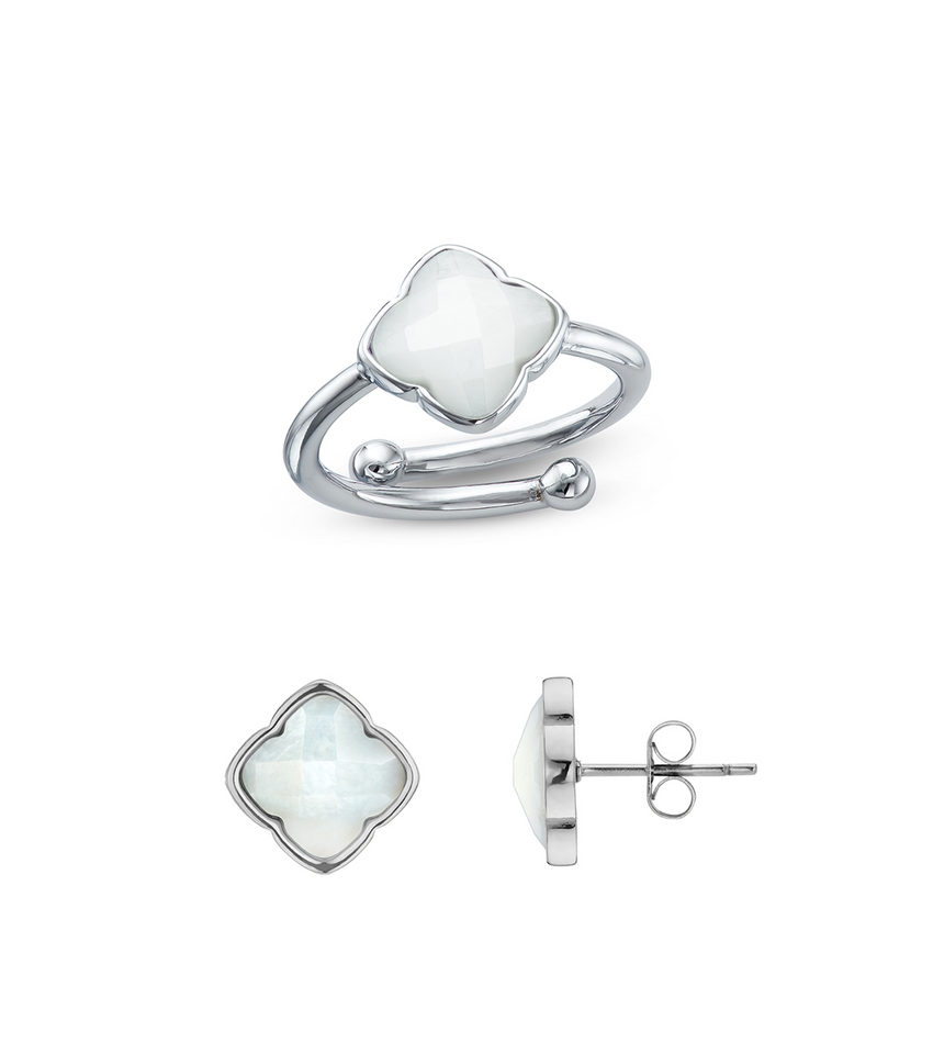 Faceted Birthstone Clover Ring & Earrings Bundle (Silver)