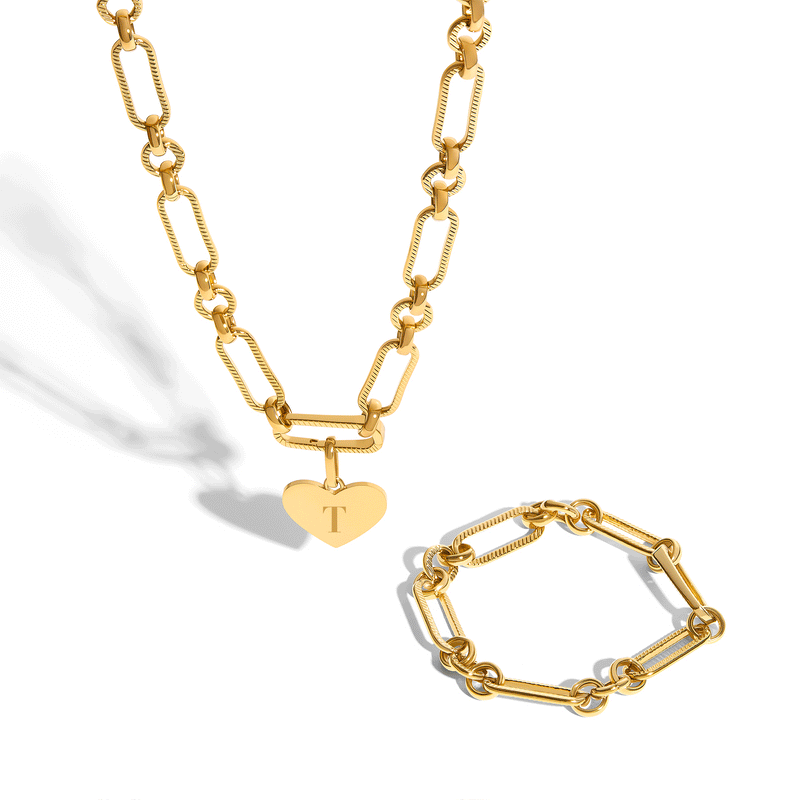 Heart Figaro Chain Necklace & Bracelet Set (Gold)