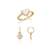 White Quartz Heart Earring & Ring Set (Gold)