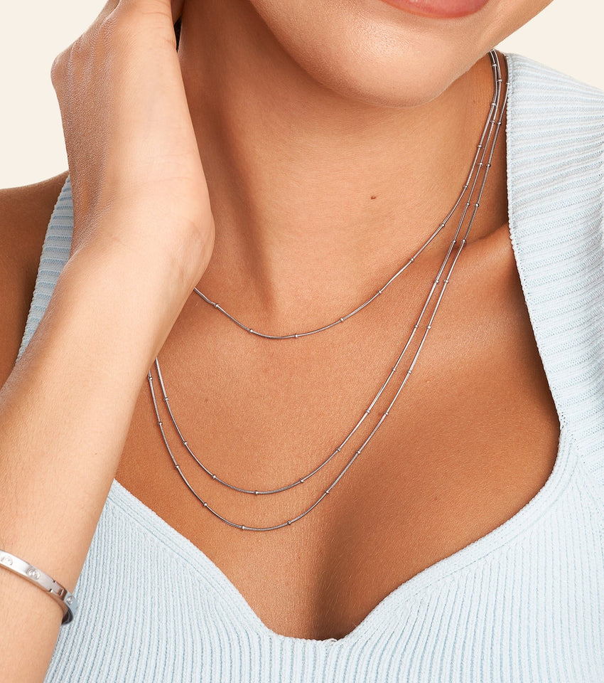 Fine Sphere Chain Layered Necklace Set (Silver)