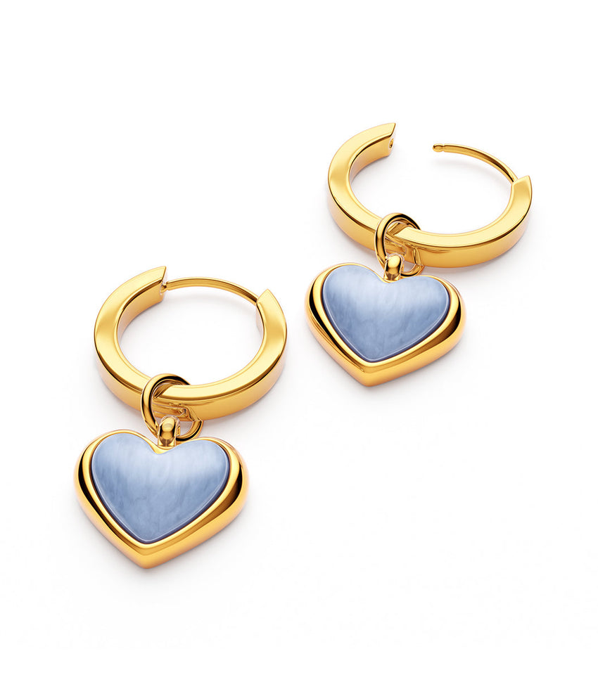 Light Blue Lace Agate Heart Huggie Earrings (Gold)