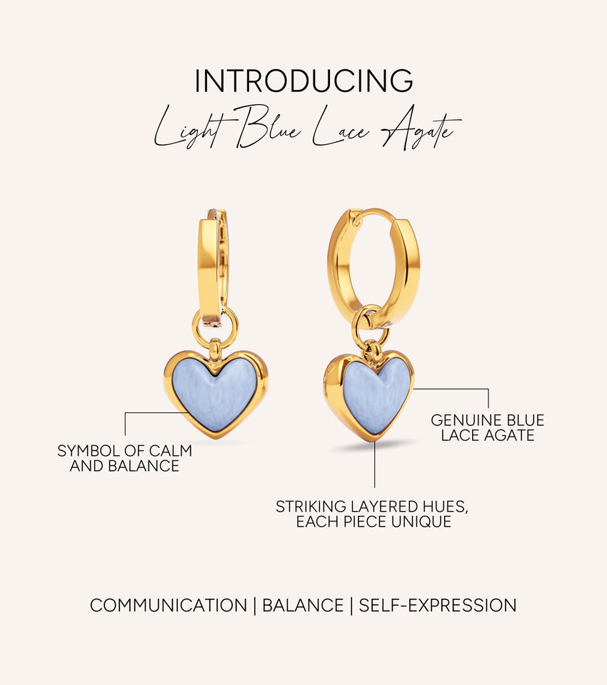 Light Blue Lace Agate Heart Huggie Earrings (Gold)