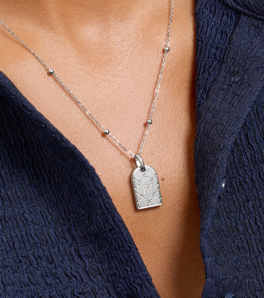 Monogram Double Initial Tag Necklace (Silver)