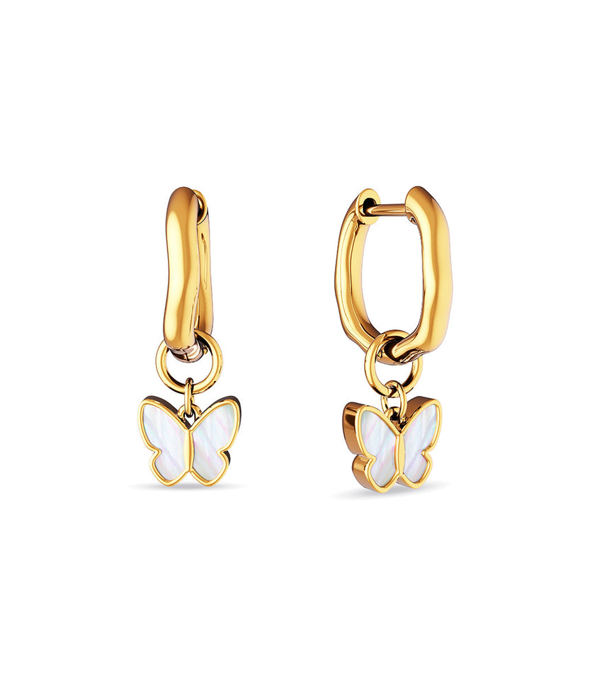 Fine Molten Mother of Pearl Butterfly Huggie Earrings (Gold)