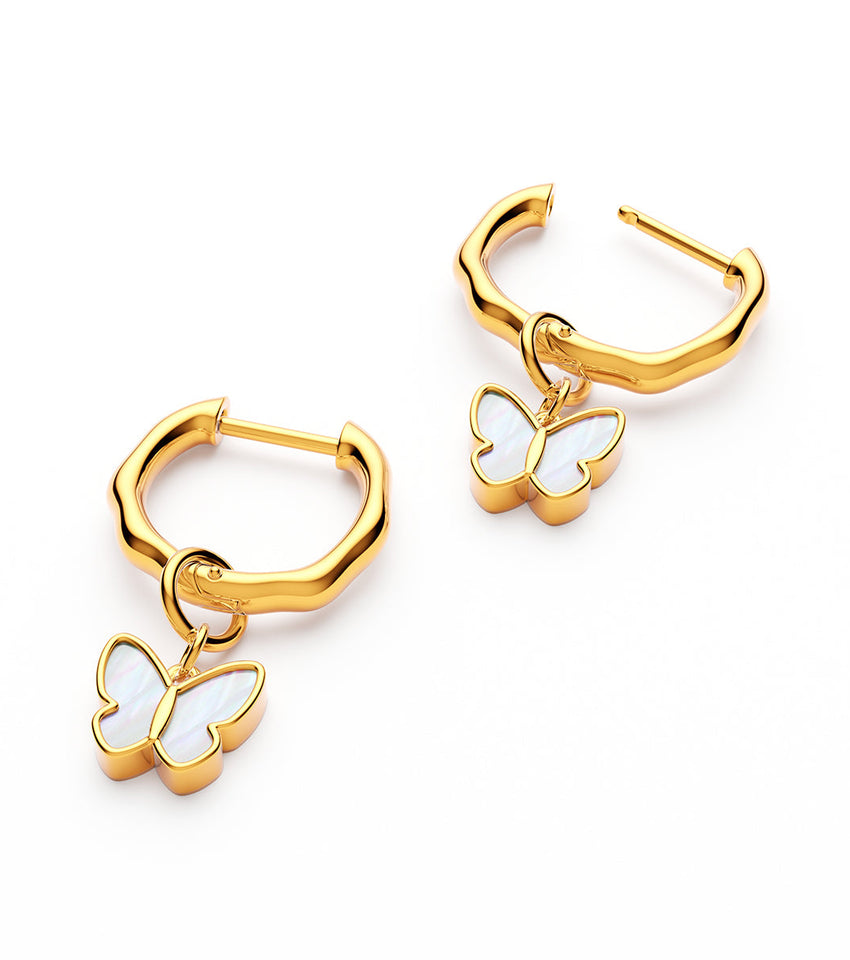 Fine Molten Mother of Pearl Butterfly Huggie Earrings (Gold)