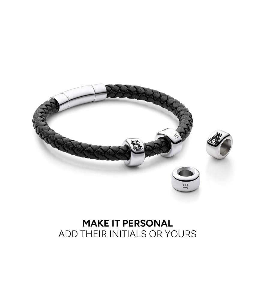 Mens Black Leather Bracelet (Silver)