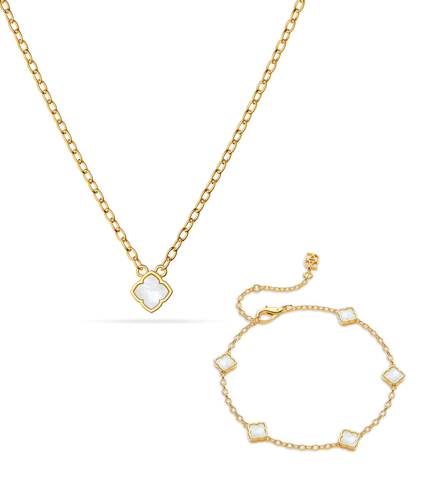Mini Pearl Clover Necklace & Bracelet Set (Gold)