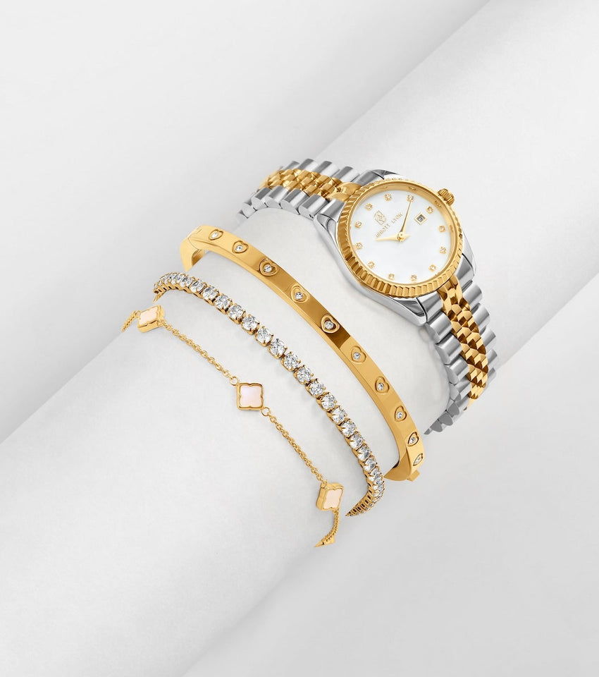 Belgravia Pearl Watch 30 & Crystal Bracelet Set (Gold)