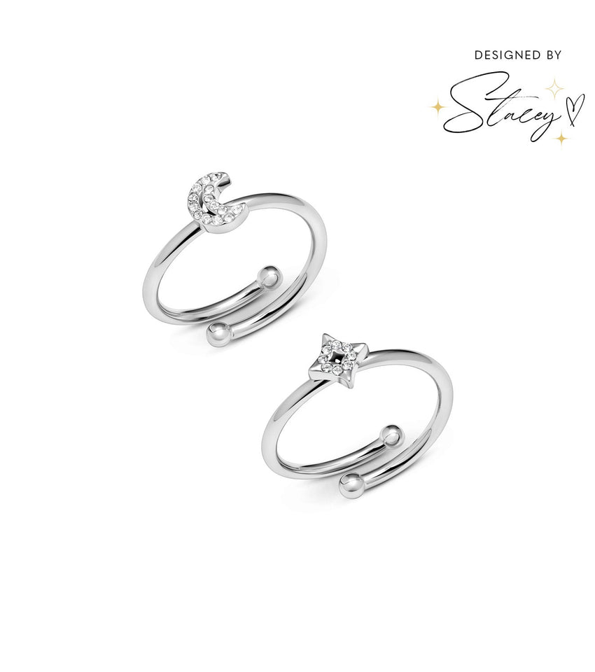 Moon and Back Moon and Star Ring Set (Silver)