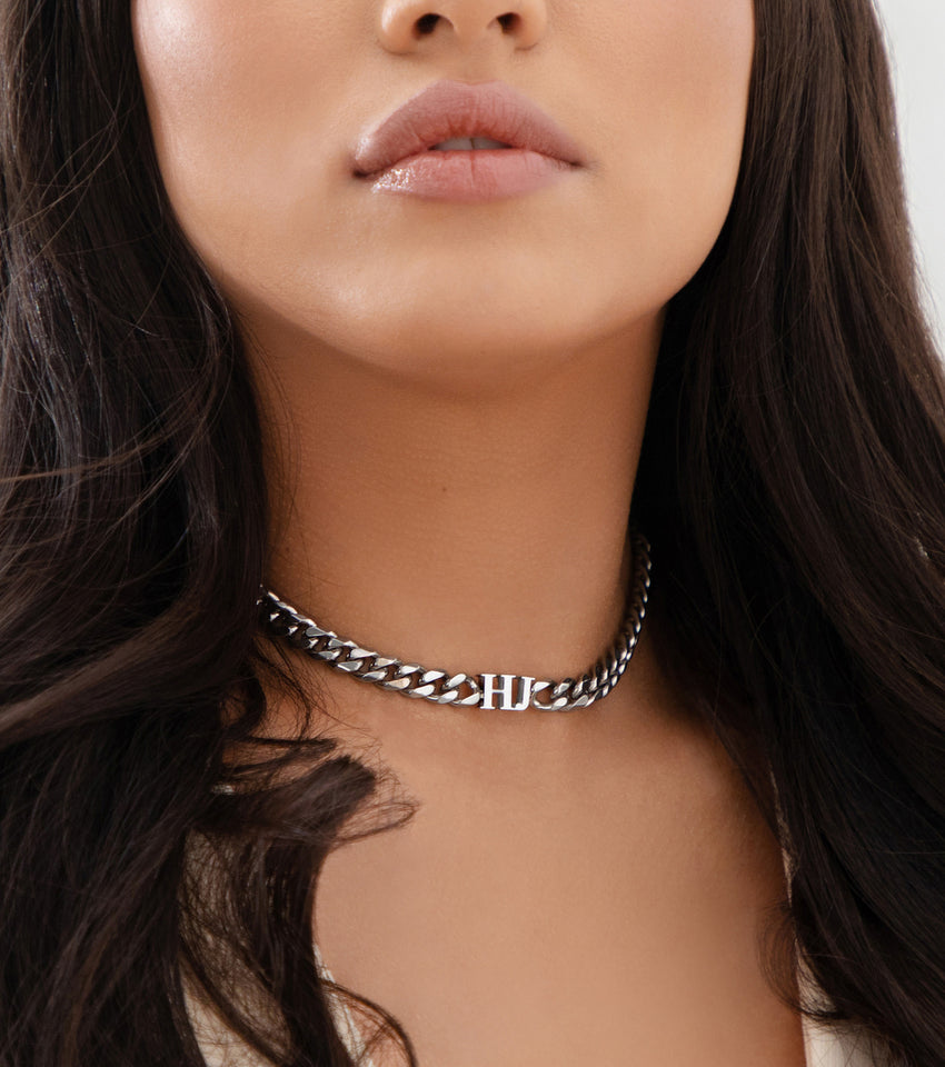 Thick Silver Women's Sterling Silver Choker Necklace Initial
