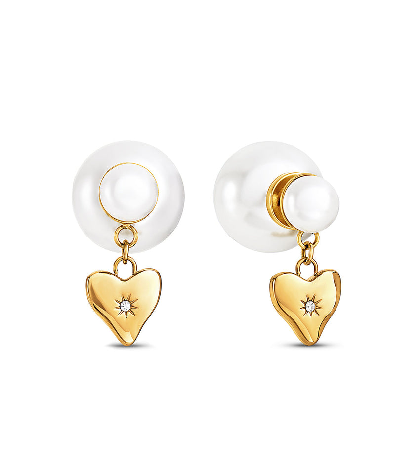 Pearl Barbell Heart Charm Earrings (Gold)