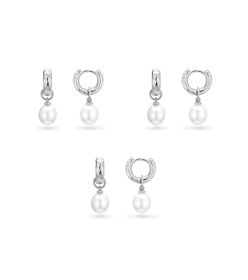 Pearl Drop Huggie Earring Set (Silver)