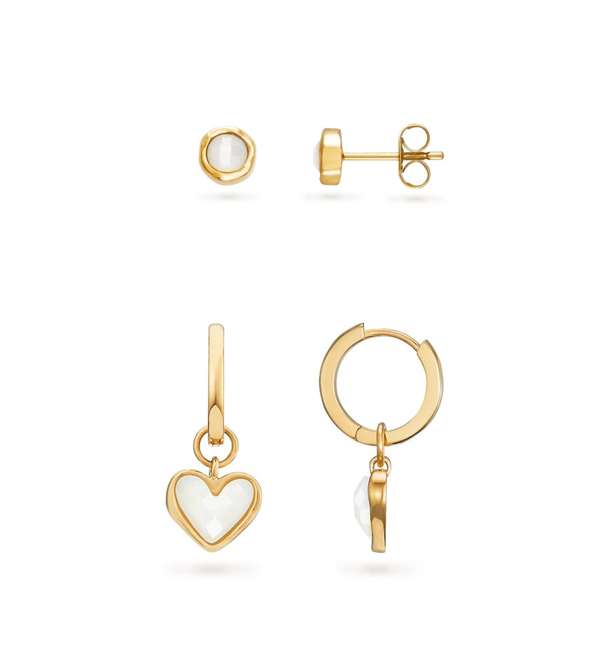 White Quartz Heart & Stud Earrings Set (Gold)