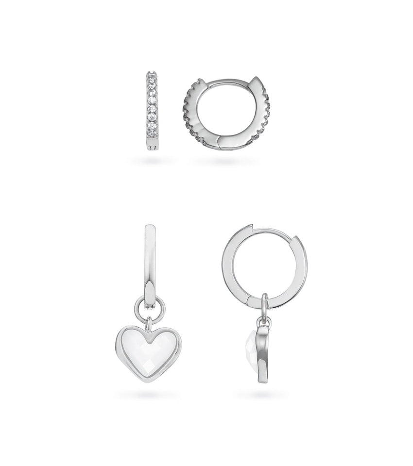 White Quartz Heart Huggie Earrings Bundle (Silver)