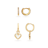 White Quartz Heart Huggie Earrings Set (Gold)