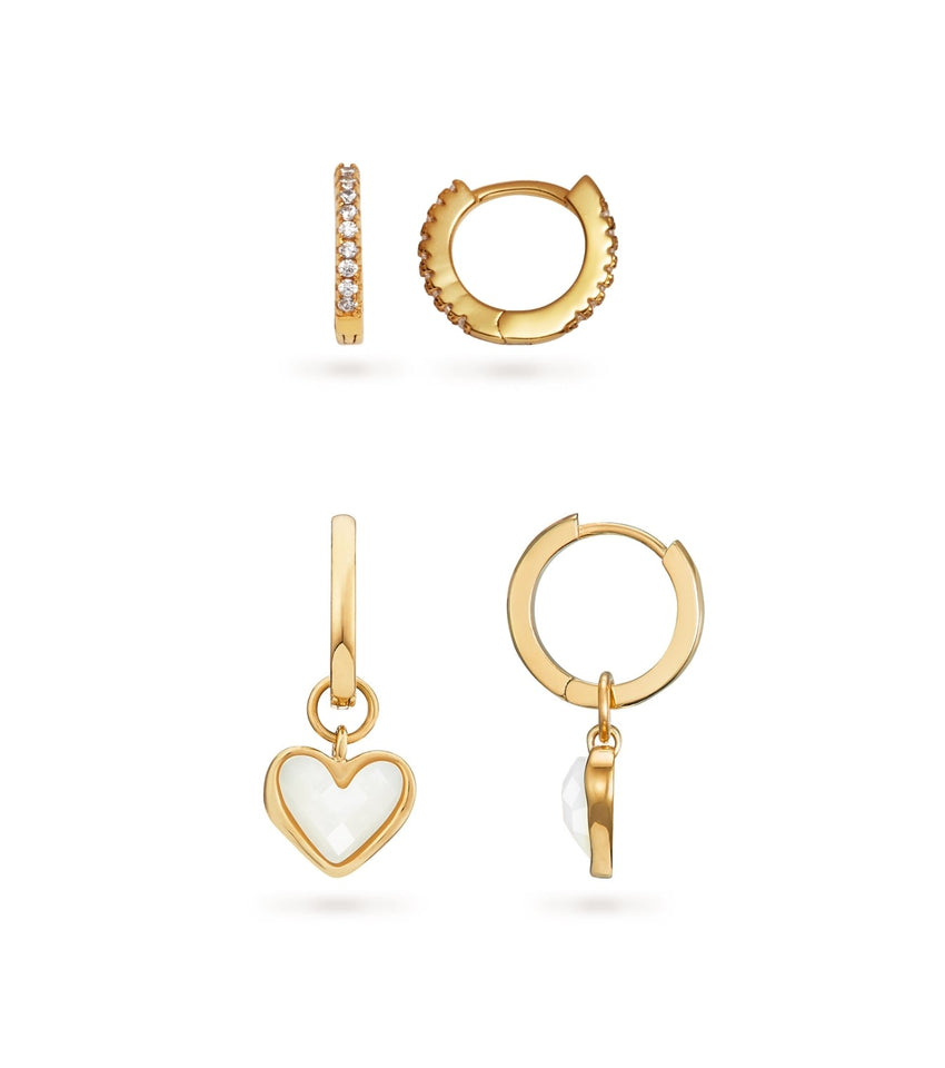 White Quartz Heart Huggie Earrings Set (Gold)