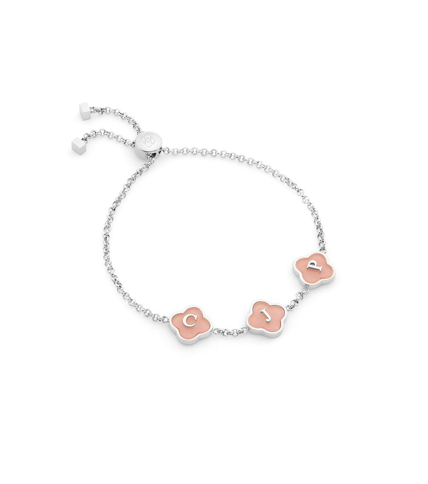 Rose Quartz Clover Custom Name Bracelet (Silver)