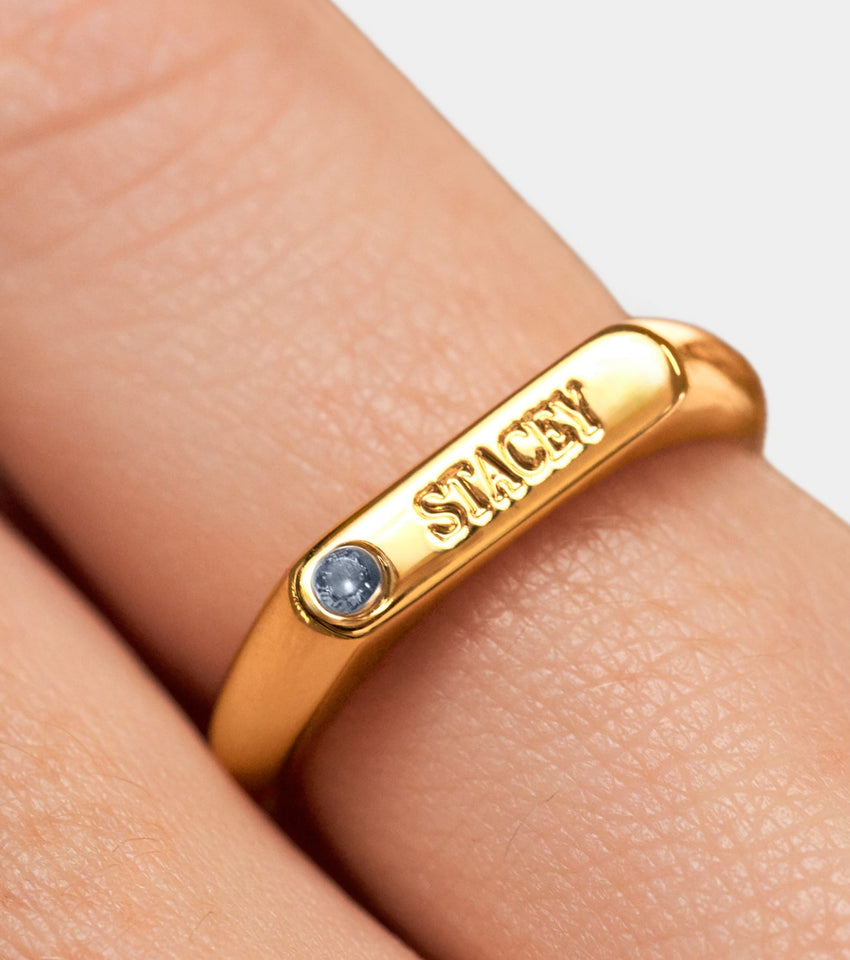 Birthstone Signet Custom Name Ring (Gold)