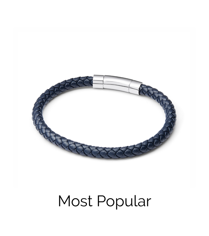 Men's Navy Leather Bracelet (Silver).