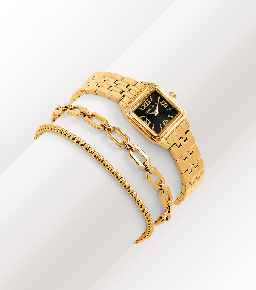 Black Essence Watch & Chain Bracelet Set (Gold)