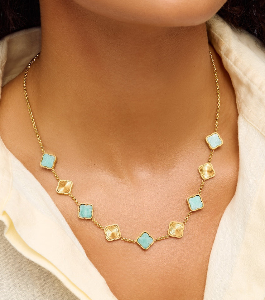 Amazonite & Fluted Clover Necklace (Gold)