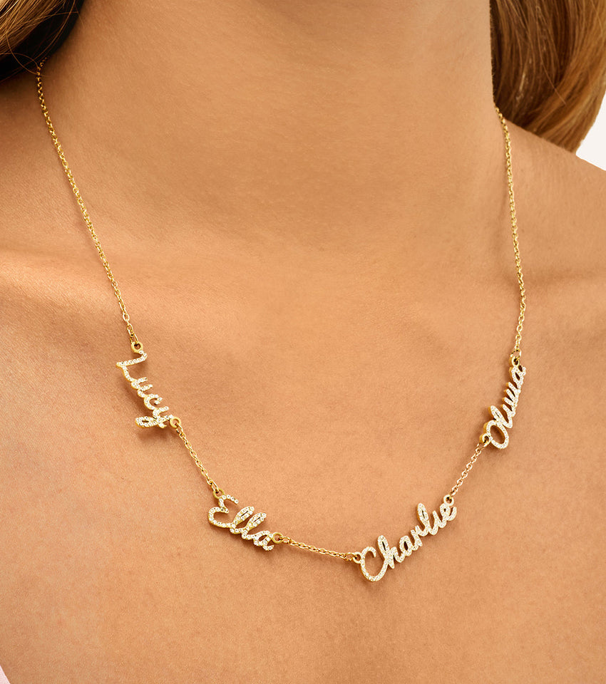 Multi Crystal Cursive Name Necklace (Gold)