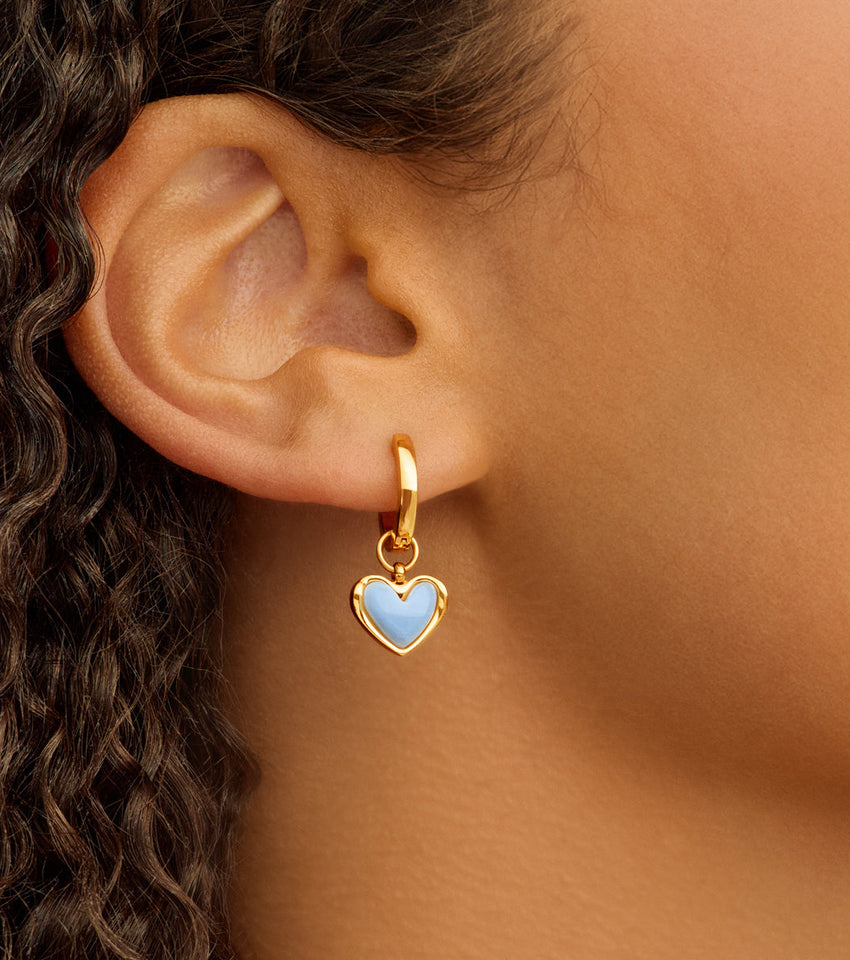 Light Blue Lace Agate Heart Huggie Earrings (Gold)