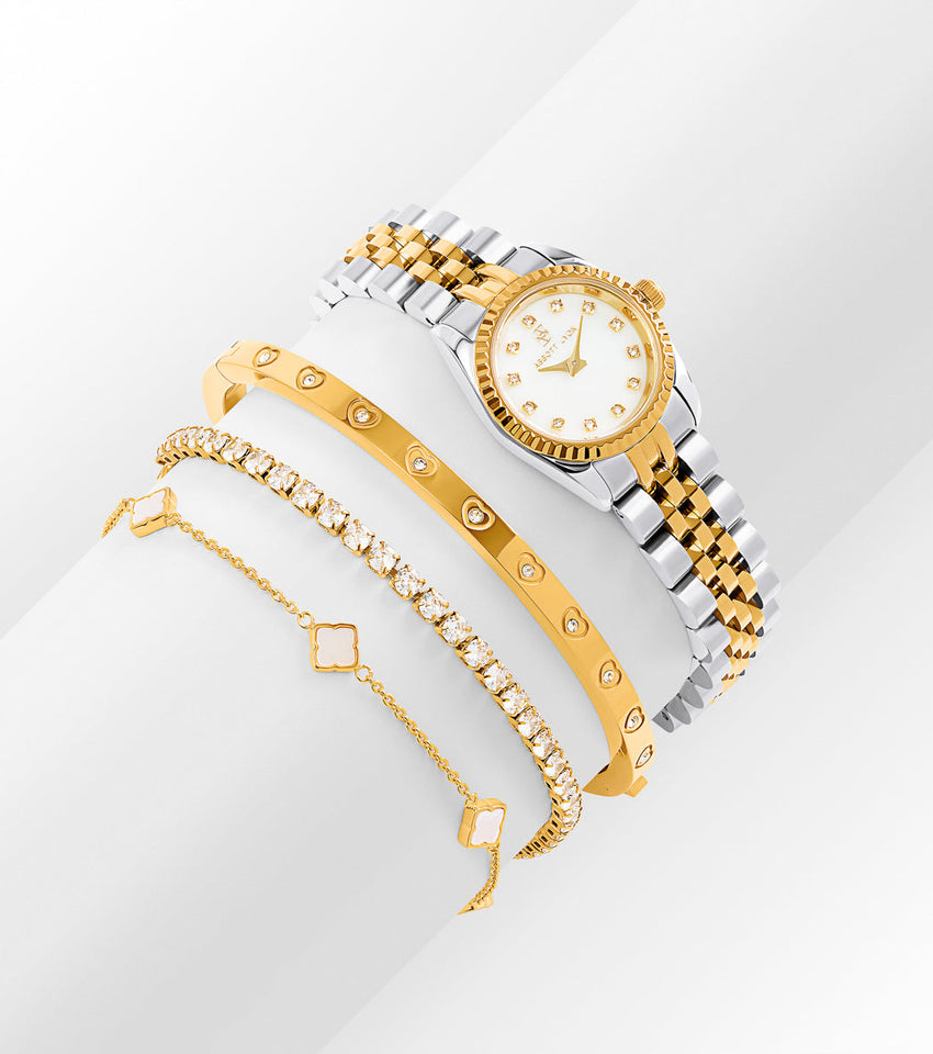 Belgravia Pearl Watch 23 & Crystal Bracelet Set (Gold)