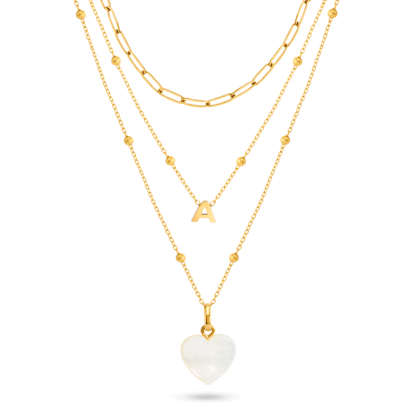 Mini Letter & Heart Birthstone Layered Necklace Set (Gold)