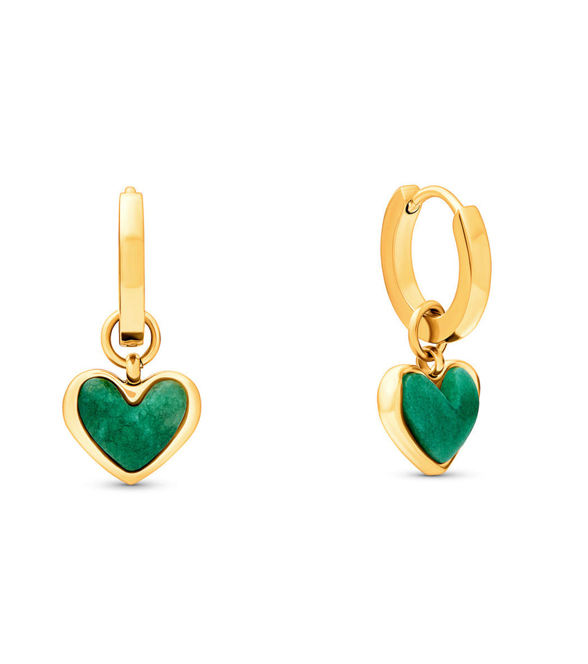Green Quartz Heart Huggie Earrings (Gold)
