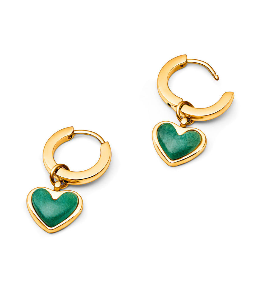 Green Quartz Heart Huggie Earrings (Gold)