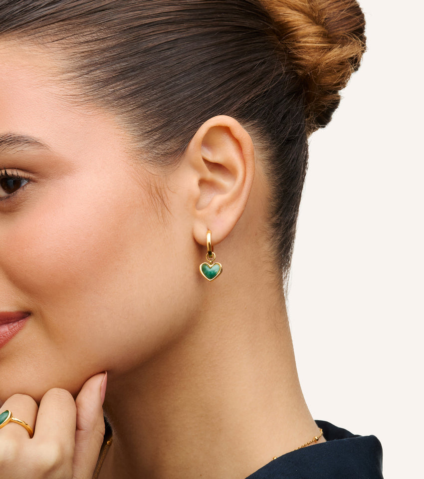 Green Quartz Heart Huggie Earrings (Gold)