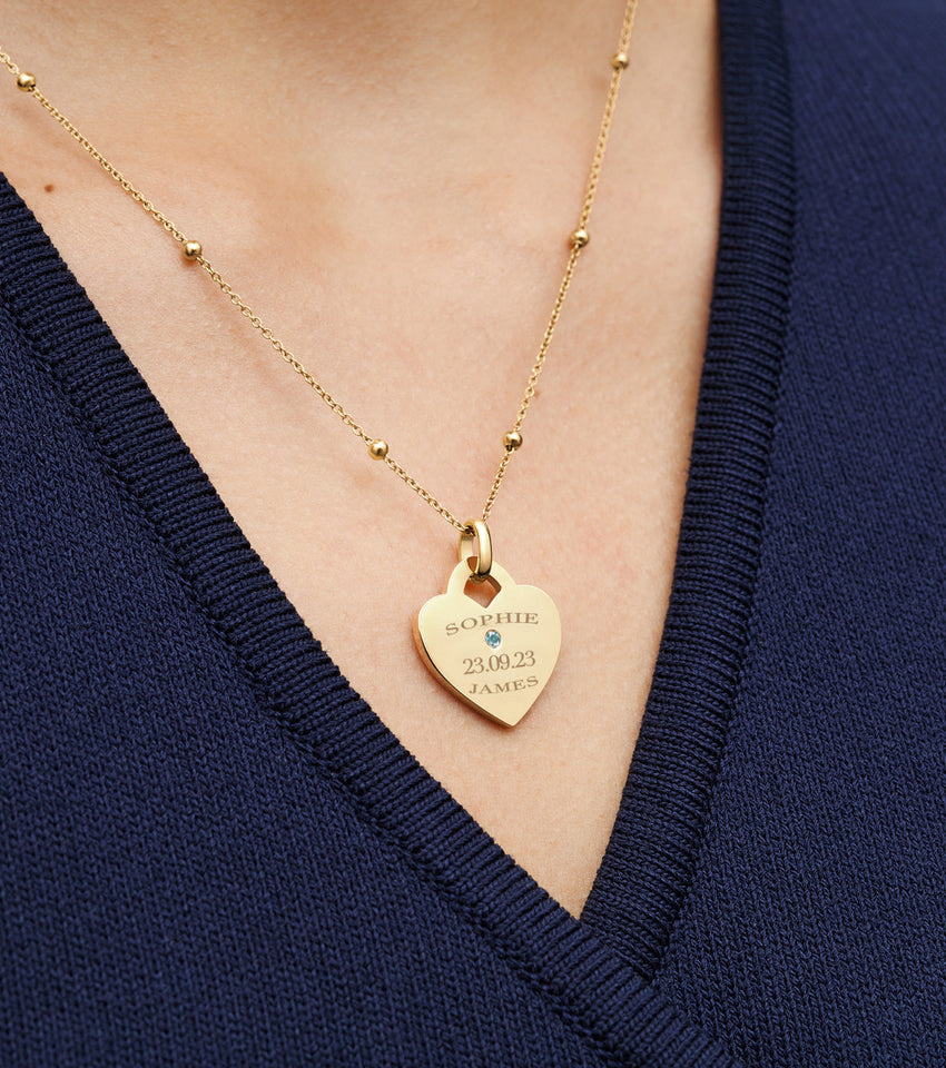 Blue Crystal Heart Token Necklace (Gold)
