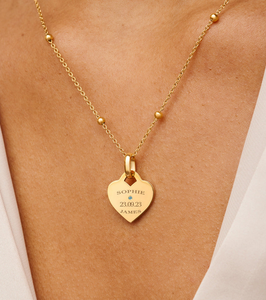 Blue Crystal Heart Token Necklace (Gold)