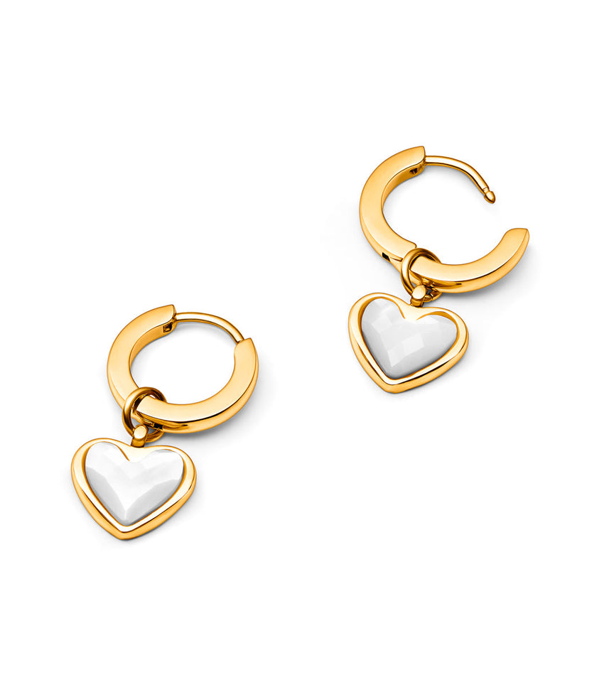 White Quartz Heart Huggie Earrings (Gold)