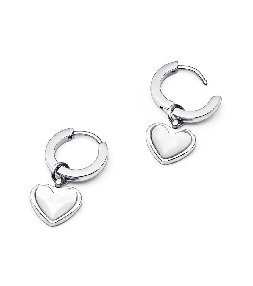 White Quartz Heart Huggie Earrings (Silver)