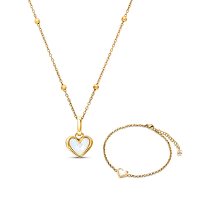 White Quartz Heart Necklace & Bracelet Set (Gold)