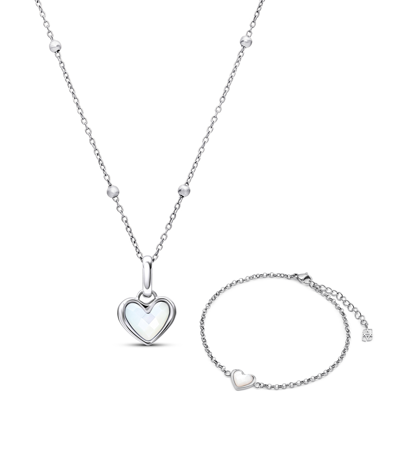 White Quartz Heart Necklace & Bracelet Set (Silver)