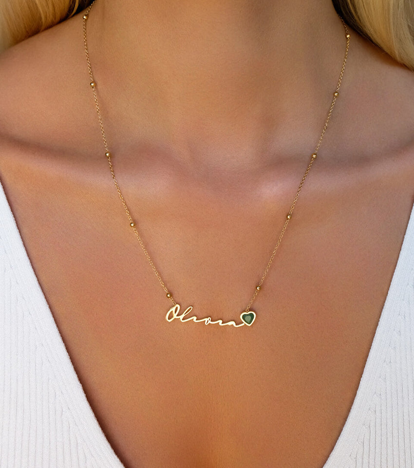 Birthstone Signature Name Necklace (Gold)