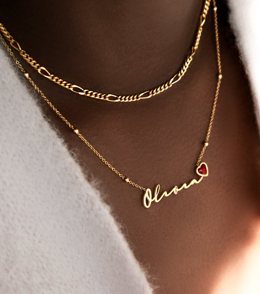 Birthstone Signature Name Necklace (Gold)