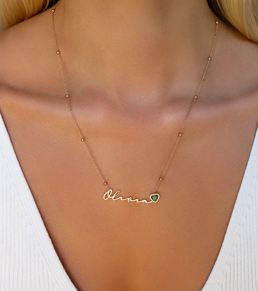 Birthstone Signature Name Necklace (Rose Gold)