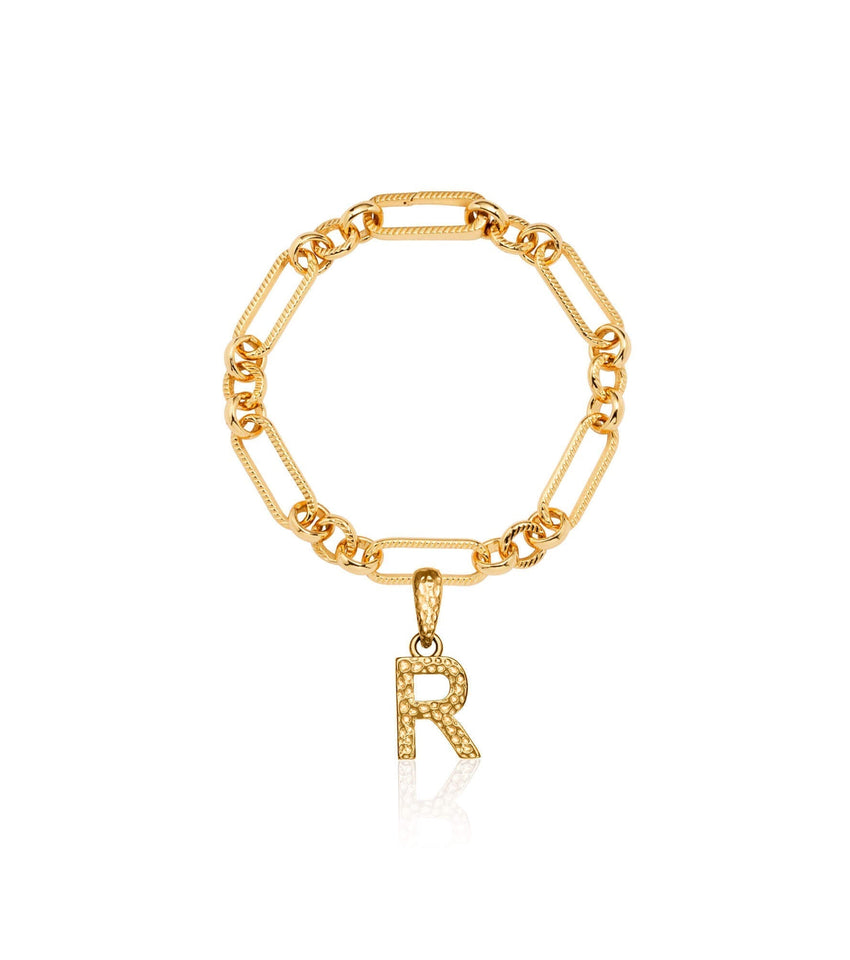 Hammered Initial Figaro Chain Bracelet (Gold)