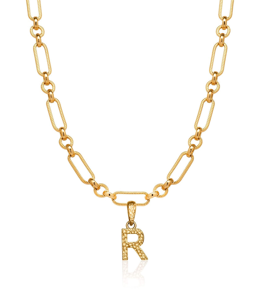 Hammered Initial Figaro Chain Necklace (Gold)