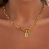 Hammered Initial Figaro Chain Necklace (Gold)