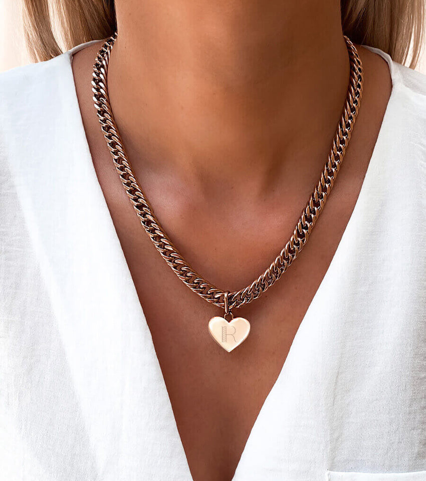 Heart Curb Chain Necklace (Rose Gold)