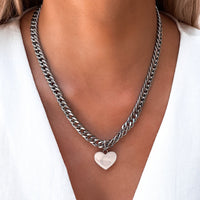 Heart Curb Chain Necklace (Silver)